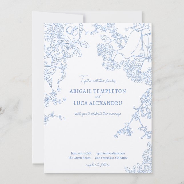 Blue Chinoiserie Toile de Jouy Wedding Invitation (Front)