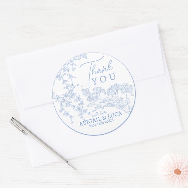 Blue Chinoiserie Toile de Jouy Wedding Program Classic Round Sticker (Envelope)