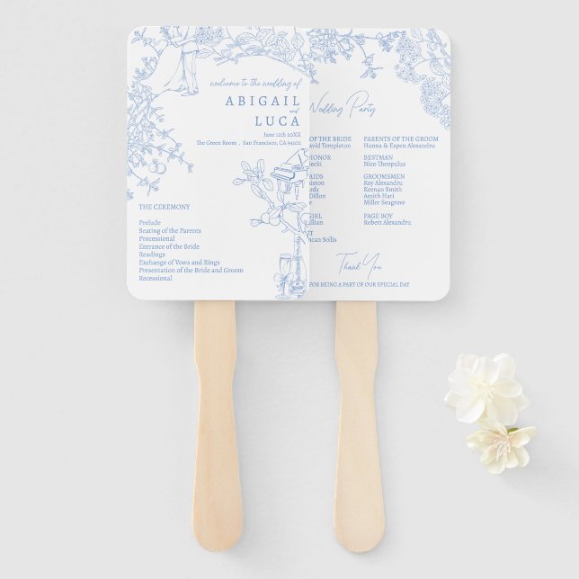 Blue Chinoiserie Toile de Jouy Wedding Program Hand Fan (Front and Back)