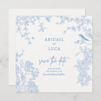Blue Chinoiserie Toile de Jouy Wedding Save Date Invitation