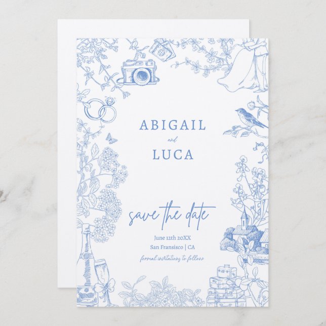 Blue Chinoiserie Toile de Jouy Wedding Save Date Invitation (Front/Back)