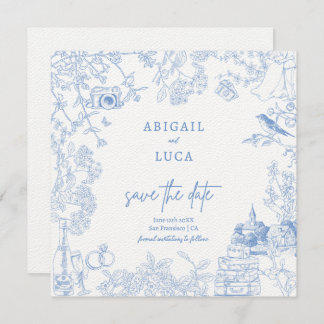 Blue Chinoiserie Toile de Jouy Wedding Save Date Invitation