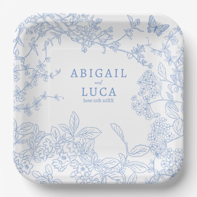 Blue Chinoiserie Toile de Jouy Wedding Save Date Paper Plate (Front)