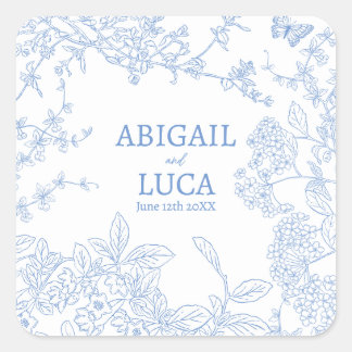 Blue Chinoiserie Toile de Jouy Wedding Save Date Square Sticker