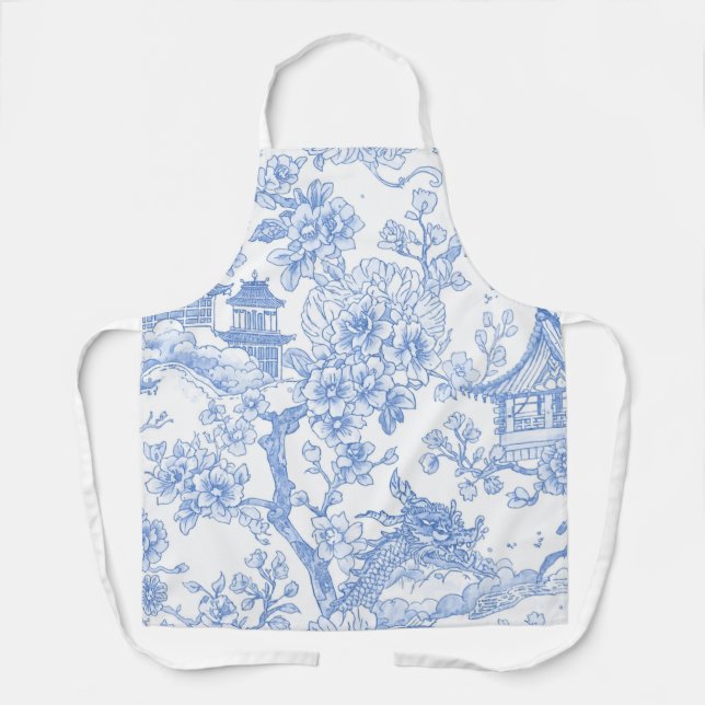 Blue Chinoiserie Toile Dragon Cherry Blossom Apron (Front)