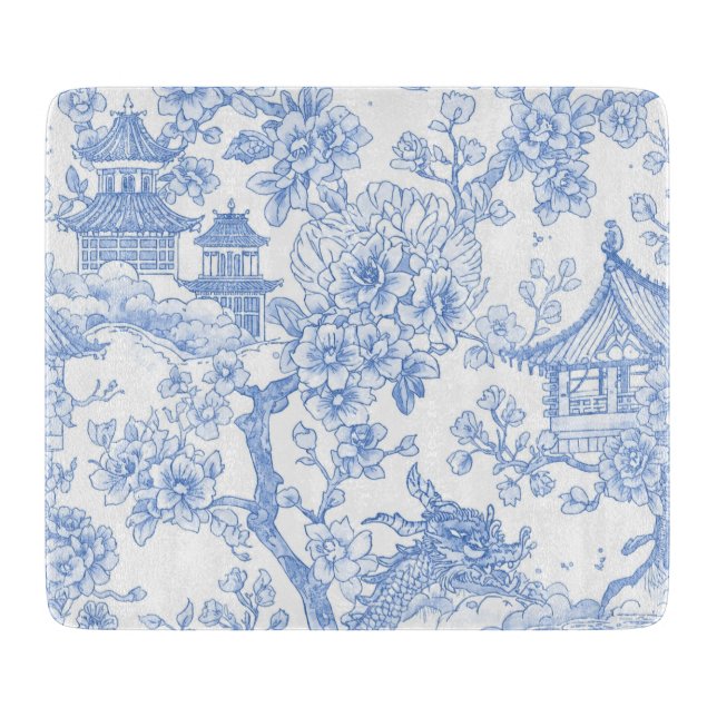 Blue Chinoiserie Toile Dragon Cherry Blossom Cutting Board (Front)