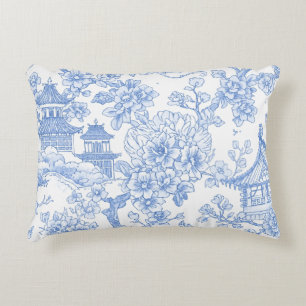 Blue Chinoiserie Toile Dragon Cherry Blossom Decorative Cushion