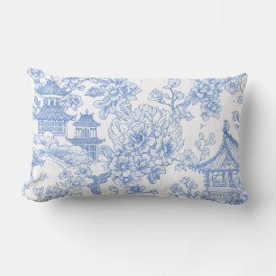 Blue Chinoiserie Toile Dragon Cherry Blossom Lumbar Cushion