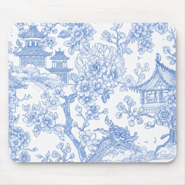 Blue Chinoiserie Toile Dragon Cherry Blossom Mouse Pad (Front)