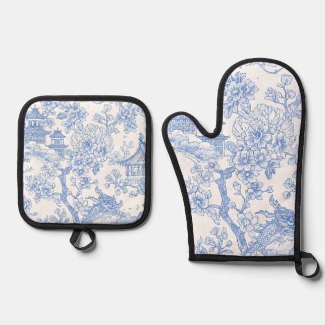 Blue Chinoiserie Toile Dragon Cherry Blossom Oven Mitt & Pot Holder Set (Front)