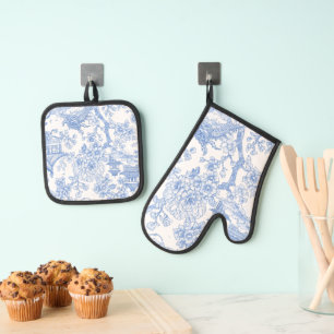 Blue Chinoiserie Toile Dragon Cherry Blossom Oven Mitt & Pot Holder Set