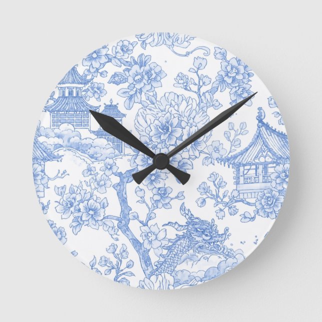 Blue Chinoiserie Toile Dragon Cherry Blossom Round Clock (Front)