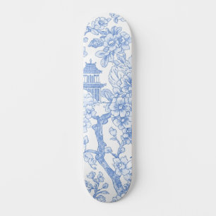Blue Chinoiserie Toile Dragon Cherry Blossom Skateboard