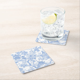 Blue Chinoiserie Toile Dragon Cherry Blossom Square Paper Coaster