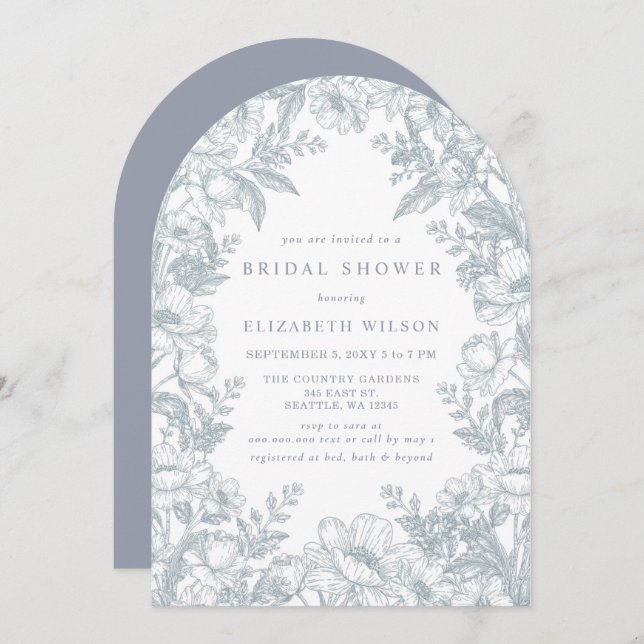 Blue Chinoiserie Toile Floral Bridal Shower Invitation (Front/Back)