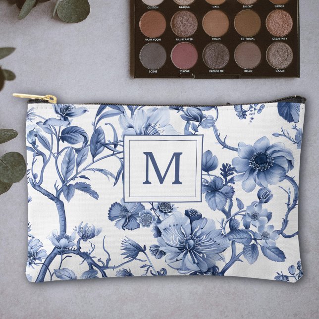 Blue Chinoiserie Toile Pattern Monogram  Accessory Pouch (Creator Uploaded)