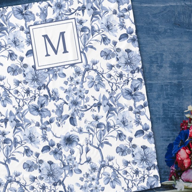 Blue Chinoiserie Toile Pattern Monogram Fleece Blanket (Creator Uploaded)