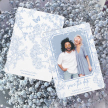 Blue Chinoiserie Toile Wedding Save Date Photo