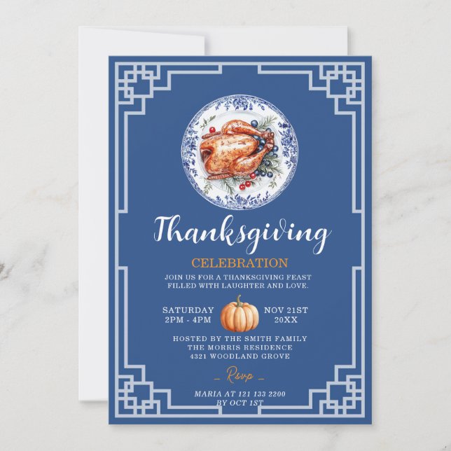 Blue Chinoiserie Turkey Thanksgiving Celebration Invitation (Front)