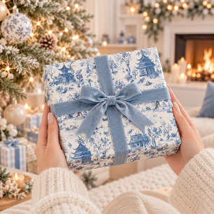 Blue Chinoiserie Village Christmas Wrapping Paper