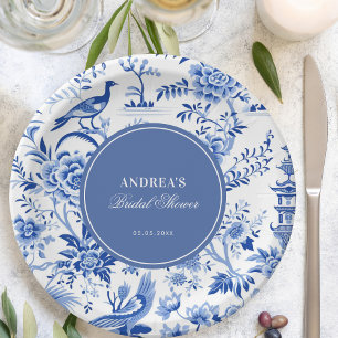 Blue chinoiserie vintage bridal shower paper plate