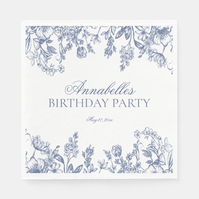 Blue Chinoiserie Vintage Floral Birthday Dessert Napkin (Front)
