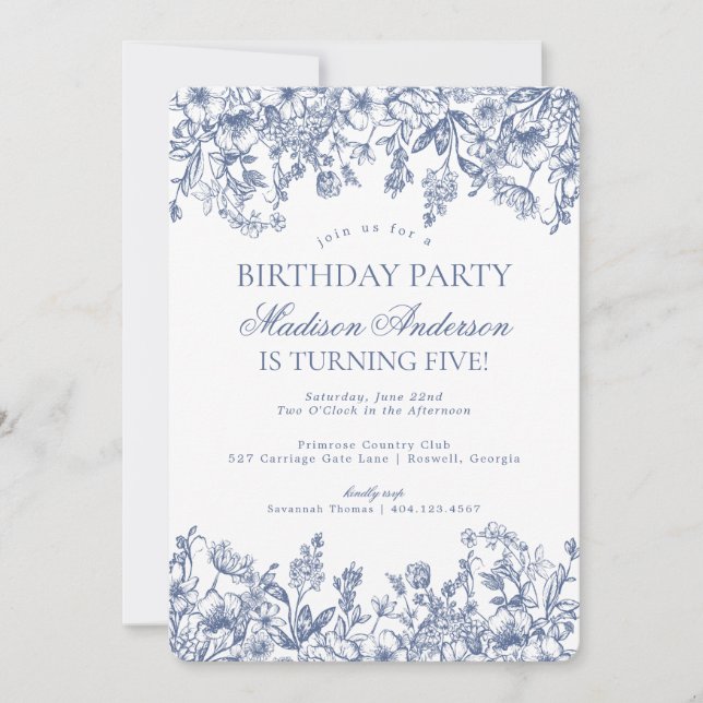 Blue Chinoiserie Vintage Floral Birthday Party Invitation (Front)
