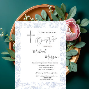 Blue Chinoiserie Vintage Floral Cross  Invitation