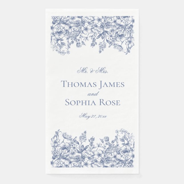Blue Chinoiserie Vintage Floral Wedding Napkin (Front)
