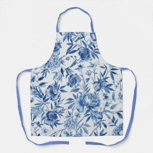 Blue Chinoiserie Watercolor Floral Botanical Apron