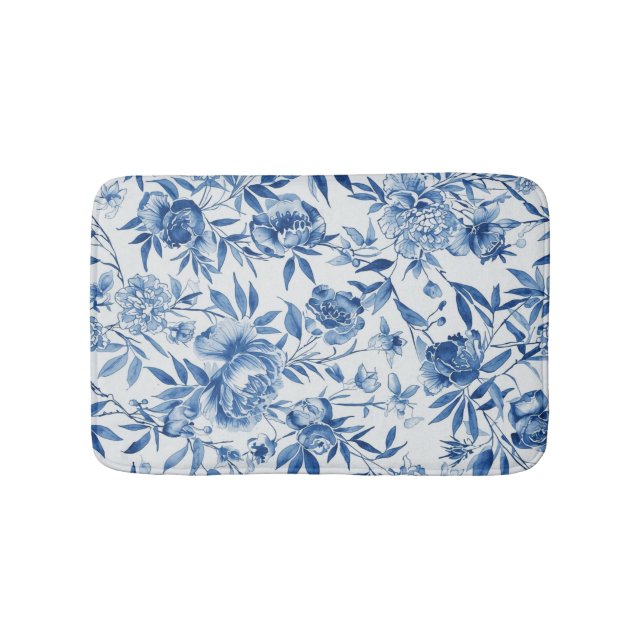 Blue Chinoiserie Watercolor Floral Botanical Bath Mat (Front)