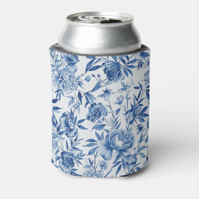 Blue Chinoiserie Watercolor Floral Botanical Can Cooler (Can Back)