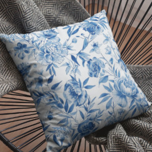 Blue Chinoiserie Watercolor Floral Botanical Cushion