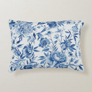 Blue Chinoiserie Watercolor Floral Botanical Decorative Cushion