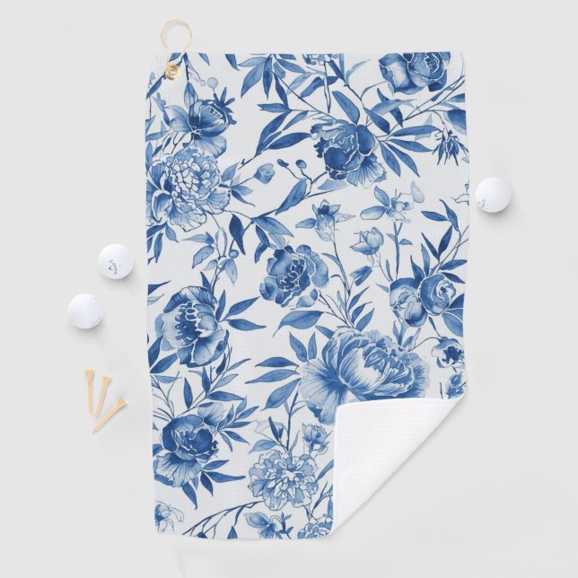 Blue Chinoiserie Watercolor Floral Botanical Golf Towel (InSitu)
