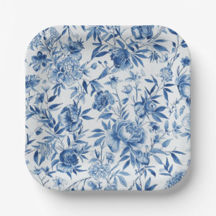 Blue Chinoiserie Watercolor Floral Botanical Paper Plate