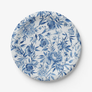 Blue Chinoiserie Watercolor Floral Botanical Paper Plate
