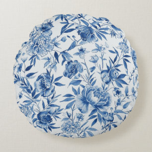 Blue Chinoiserie Watercolor Floral Botanical Round Cushion