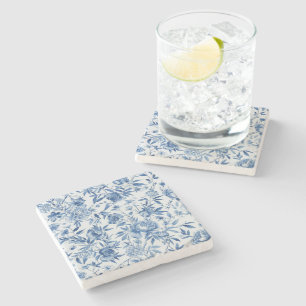 Blue Chinoiserie Watercolor Floral Botanical Stone Coaster