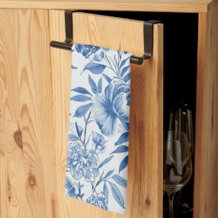 Blue Chinoiserie Watercolor Floral Botanical Tea Towel
