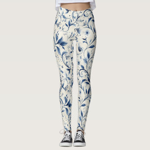 Blue Chinoiserie Watercolor Vine & Floral Leggings