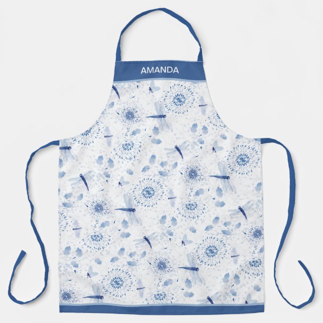 Blue Chinoisiere Dragonflies and Flowers Apron (Front)