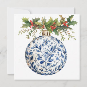 Blue Chinoisserie Ball Ornament with Green Holly Holiday Card