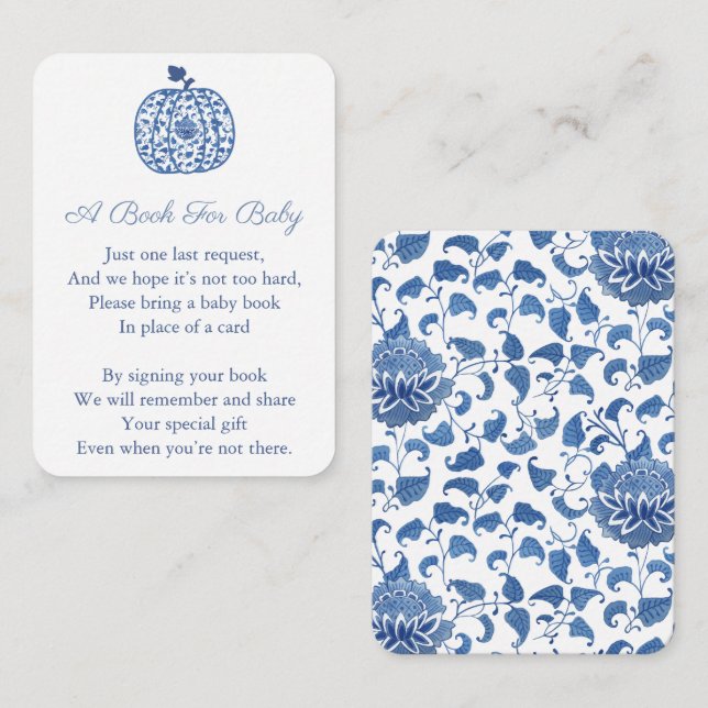 Blue Chinoserie Pumpkin Bring Book For Baby Shower Enclosure Card (Front/Back)