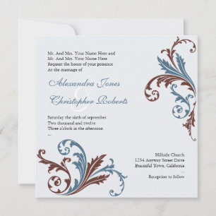 Blue & Chocolate Flower Swirls Damask Elegant Wedd Invitation