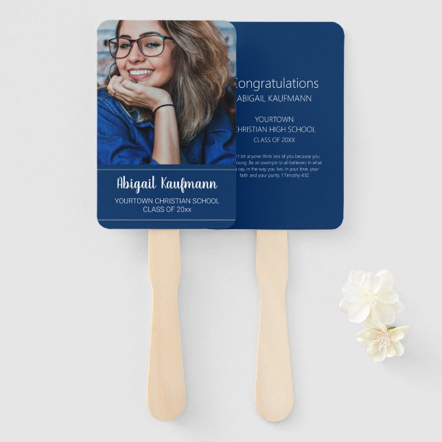 Blue Christian Bible Verse Graduation Photo Hand Fan (Front and Back)