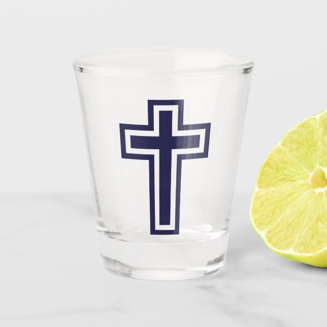 Blue Christian cross different variants Shot Glass (Front)