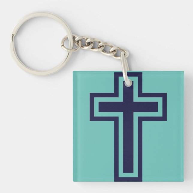 Blue Christian Cross Minimalist Faith Art Key Ring (Front)