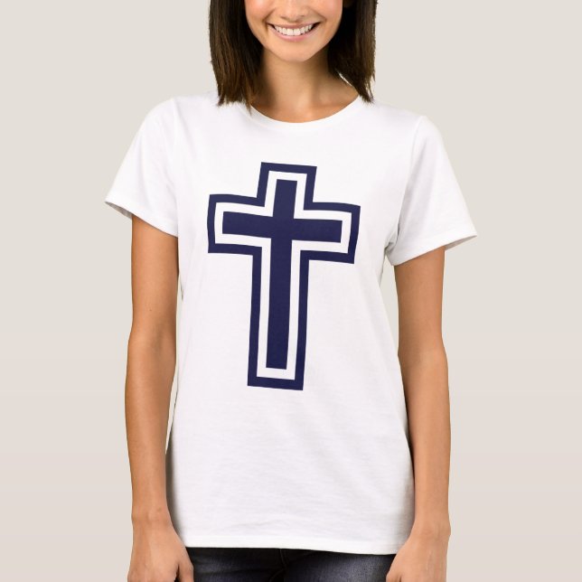 Blue Christian Cross Minimalist Faith Art T-Shirt (Front)