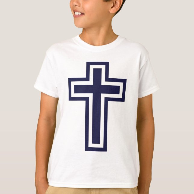 Blue Christian Cross Minimalist Faith Art T-Shirt (Front)